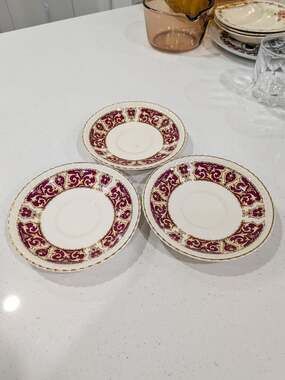 Vintage Johnson Bros Old English Saucers | Burgundy Gold Victorian Pattern Set